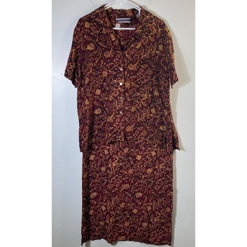 Womens Vintage Amanda Smith Silk Dress Set Maroon Gold‎ M Silk